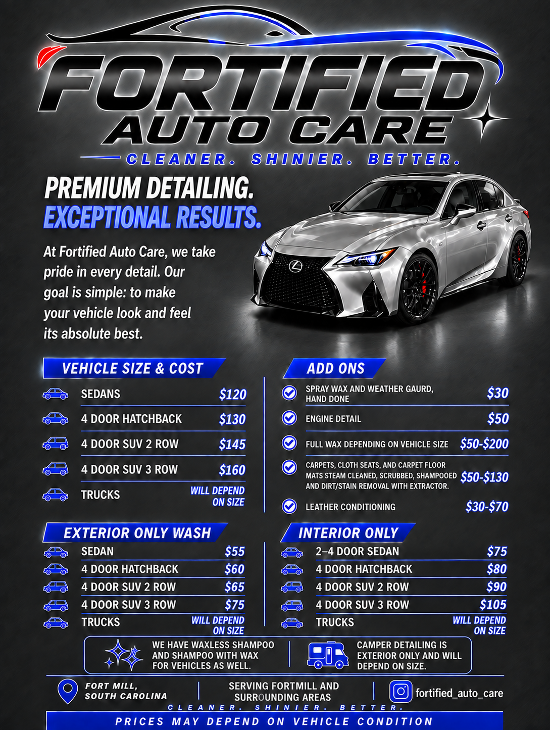 New dark gray Fortified Auto Care pricing flyer with silver Lexus
